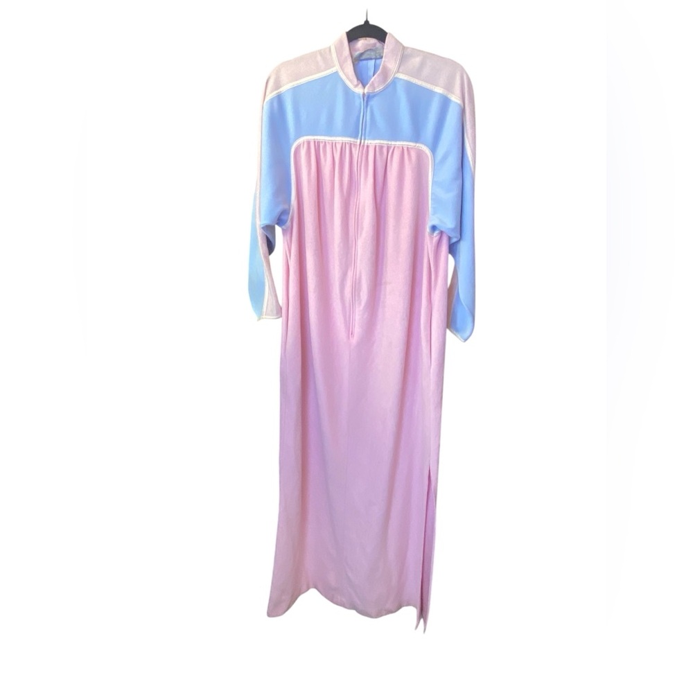 Vintage Oscar de la Renta Womens Pink & Blu Fleece Zip Up Long Robe Pockets L/XL